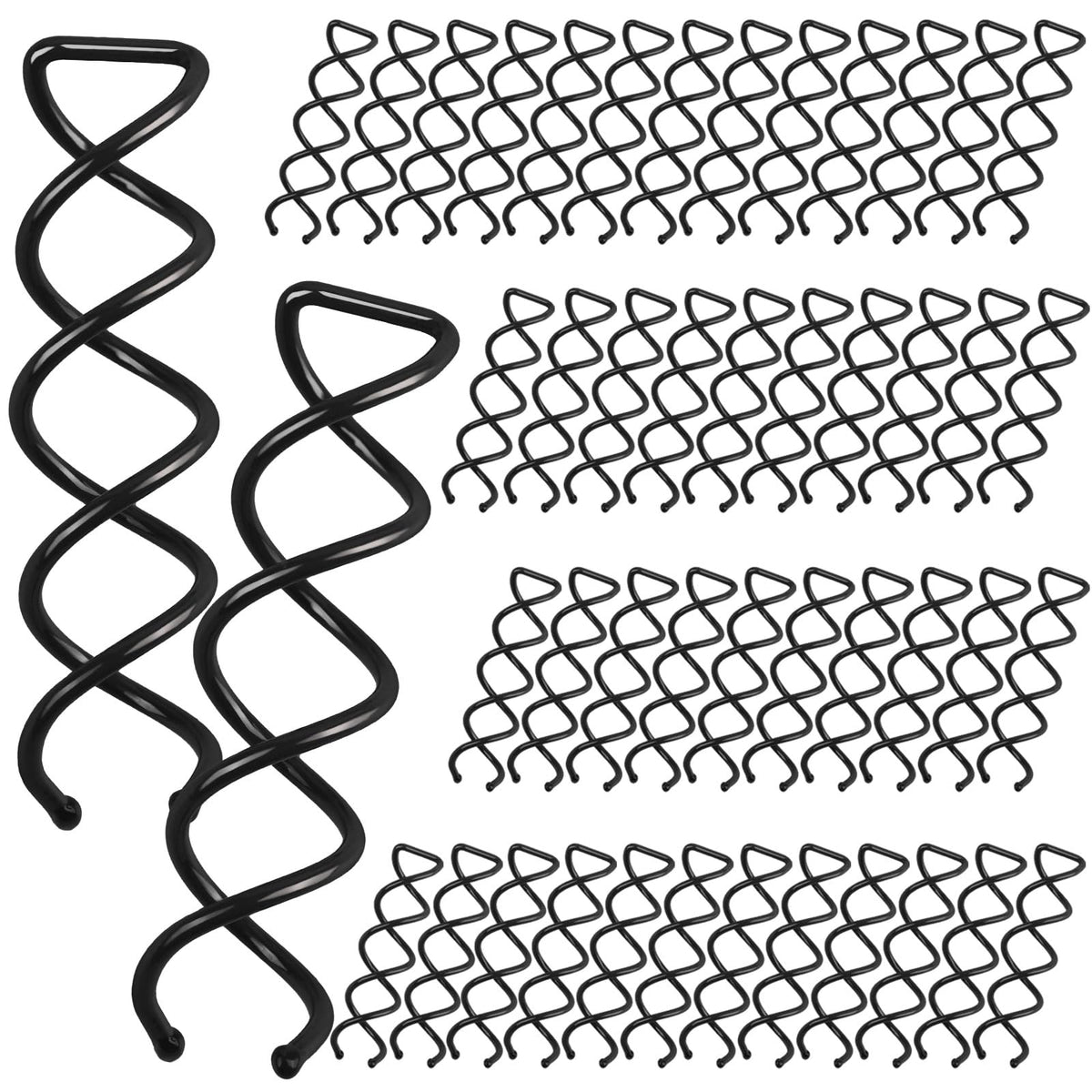 Fandamei 50PCS spiral pins flat lay showing quantity and black finish for versatile styling