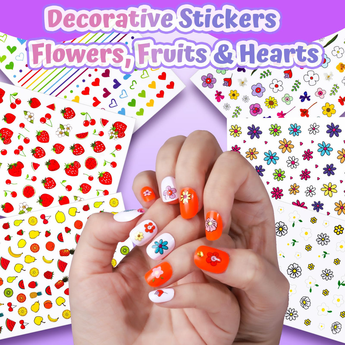 Fandamei flat lay of six sticker sheets with hearts, fruits, and flowers for customization