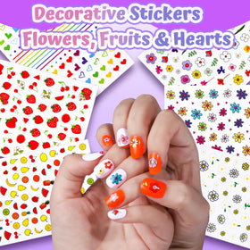 Fandamei flat lay of six sticker sheets with hearts, fruits, and flowers for customization