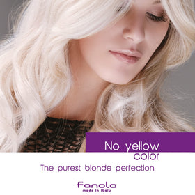 Side-by-side before and after blonde hair tone with Fanola illustrating reduced brass