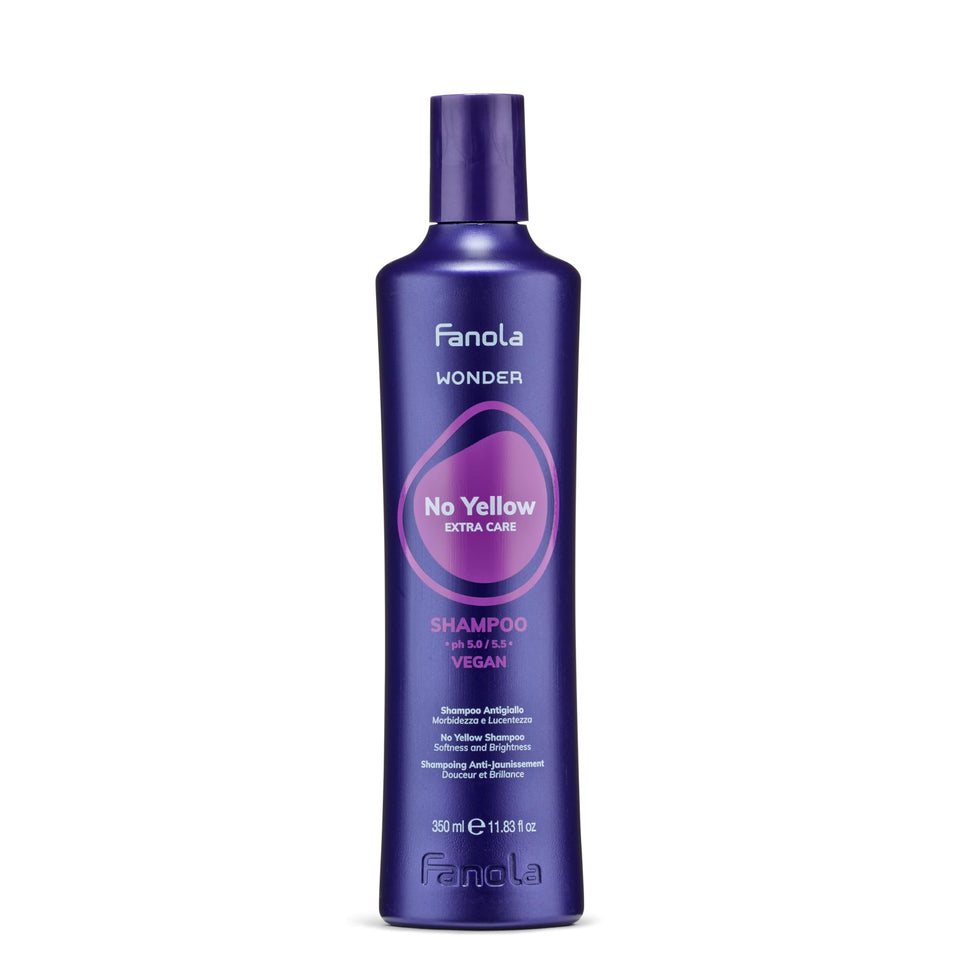 Fanola No Yellow front packaging showing bottle and violet shampoo benefits
