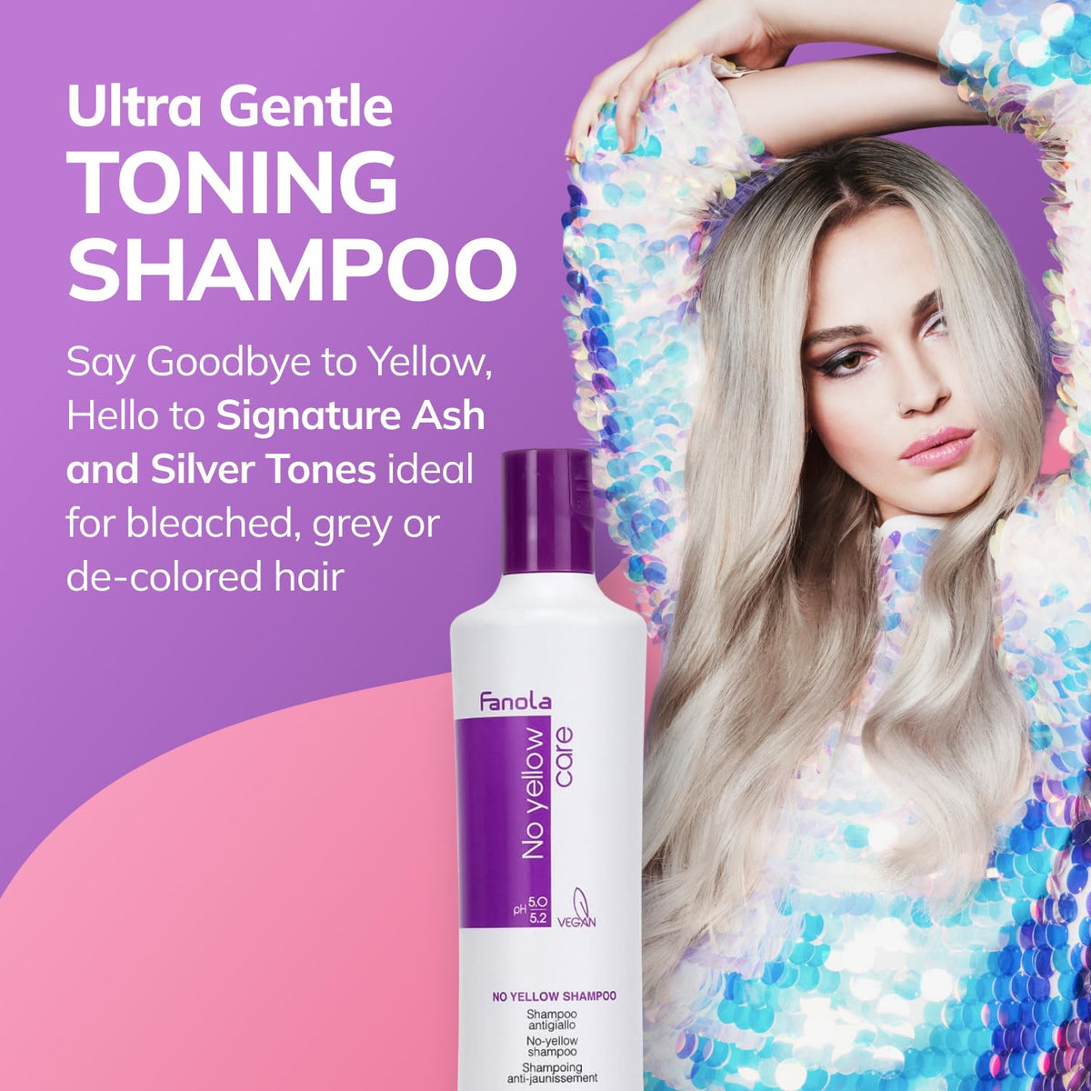 Fanola No Yellow shampoo foam texture closeup illustrating gentle violet pigments