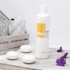 Foamy Fanola No Yellow shampoo on blonde hair showing effective sudsing and toning benefit
