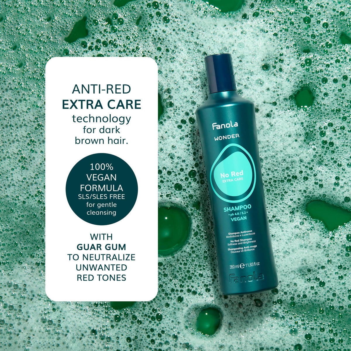 Fanola shampoo pouring texture shown, illustrates creamy green pigment consistency