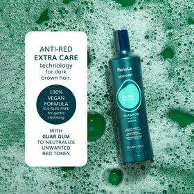 Fanola shampoo pouring texture shown, illustrates creamy green pigment consistency