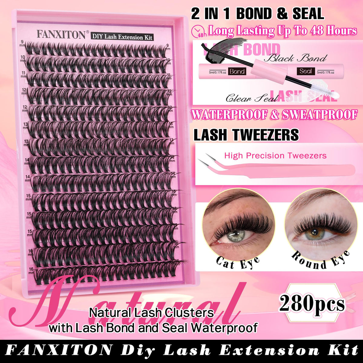 FANXITON close-up of 40D cluster lashes highlighting soft fibers and natural taper
