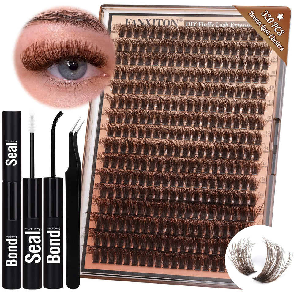 FANXITON front packaging showing 320 brown lash clusters and included tools for convenience