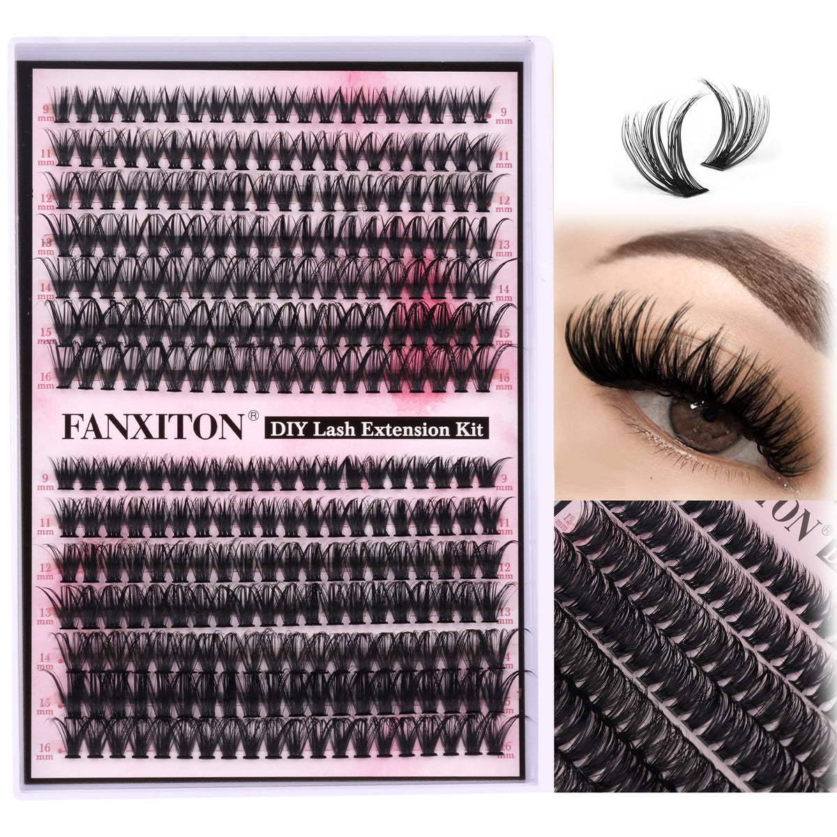 FANXITON front packaging showing 280 cluster lashes and mix benefits
