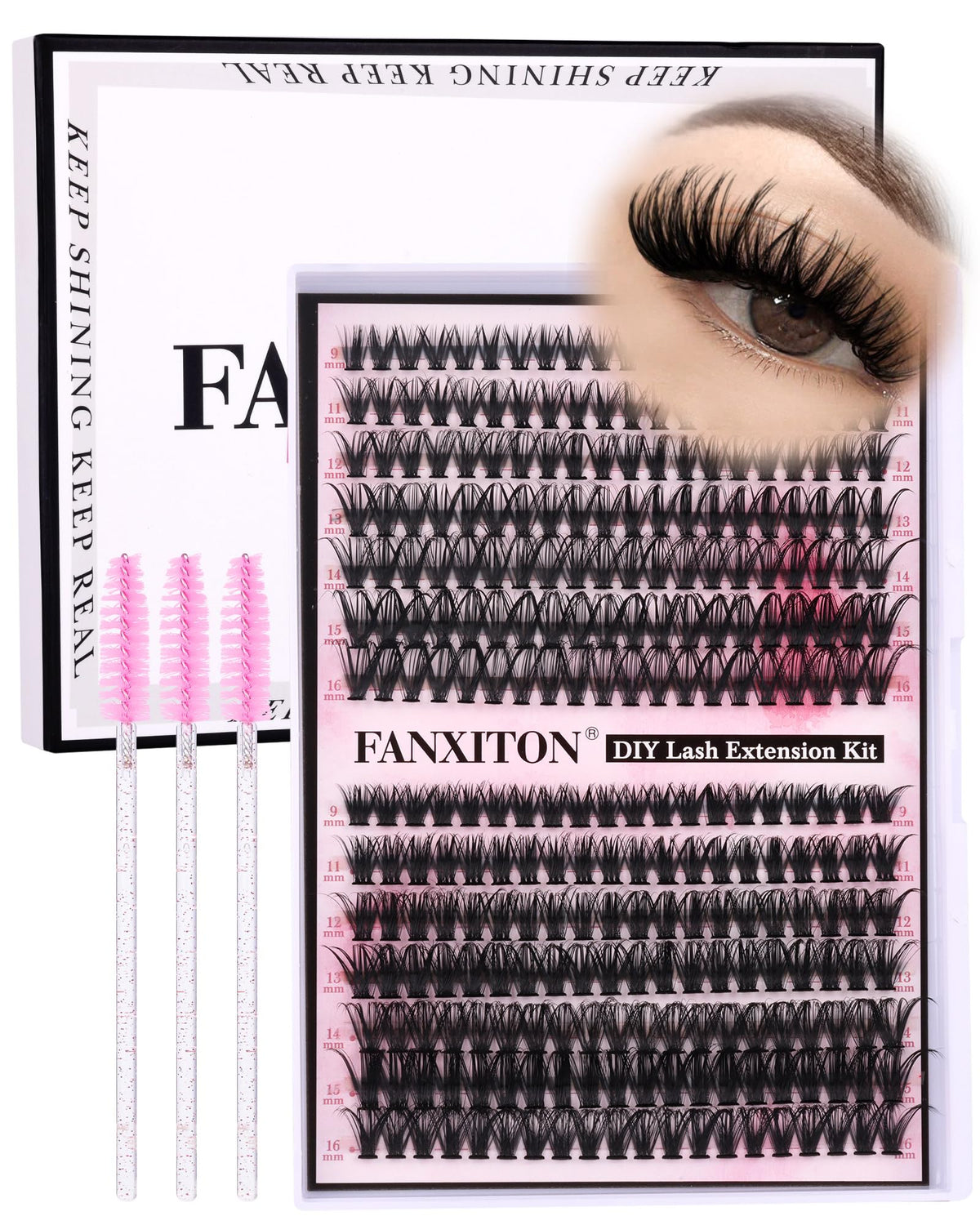 FANXITON front packaging showing full 280-piece cluster kit and brushes for at-home styling