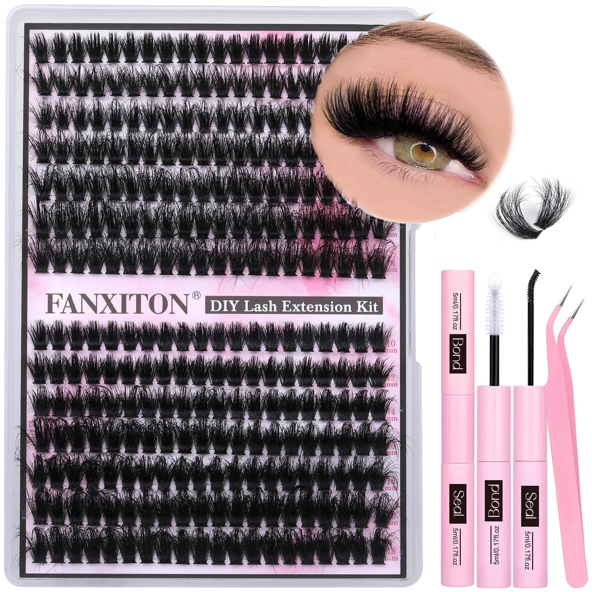 FANXITON front packaging showing complete lash clusters kit and accessories benefits easy setup