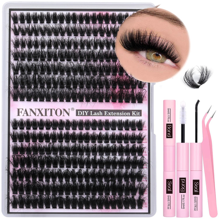 FANXITON front packaging showing complete lash clusters kit and accessories benefits easy setup