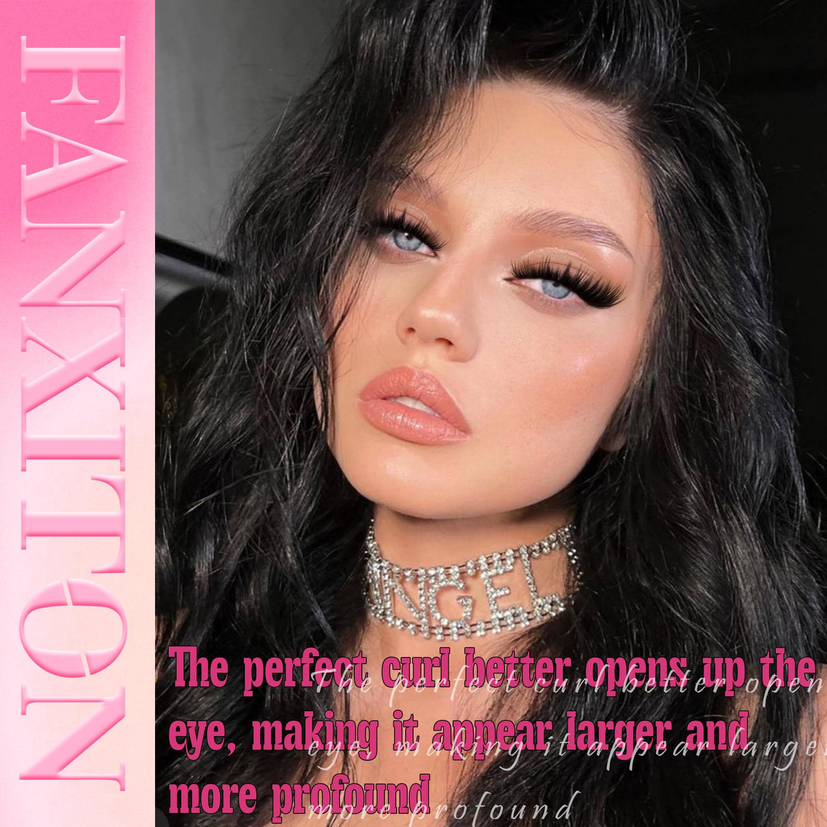 FANXITON lash clusters on model eye demonstrating lifted D curl effect