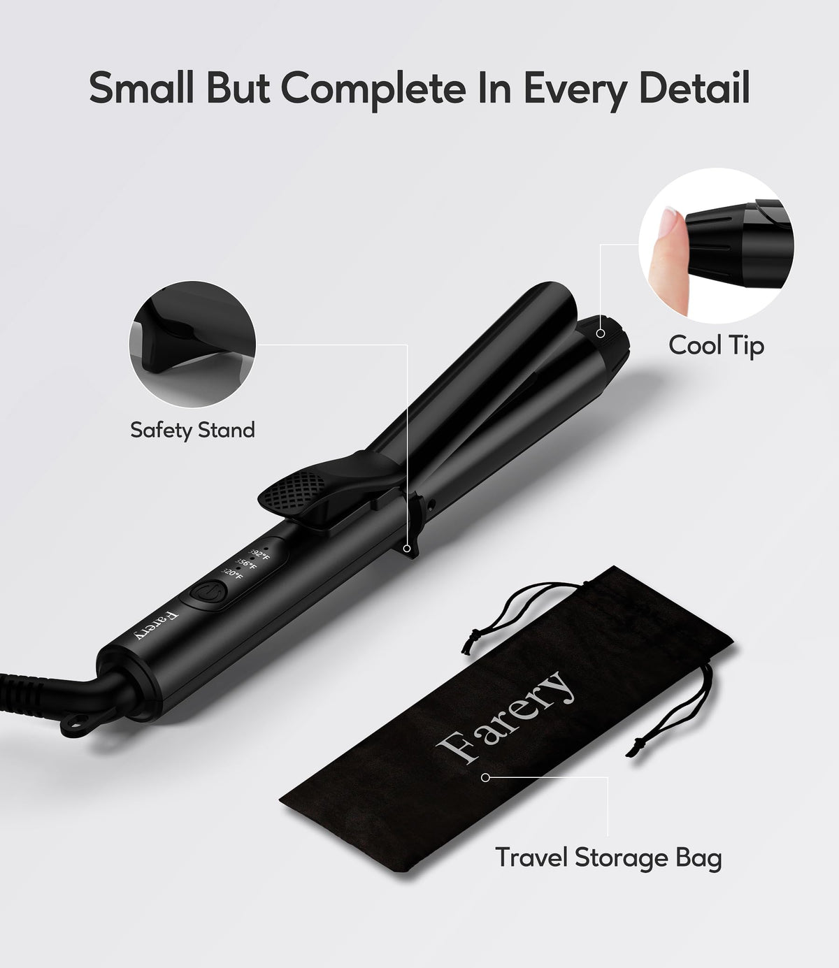 FARERY extra-long cool tip and safety stand preventing burns and protecting surfaces
