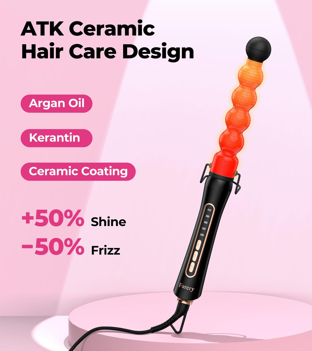 FARERY wand beside ruler showing scale for long-hair sectioning convenience