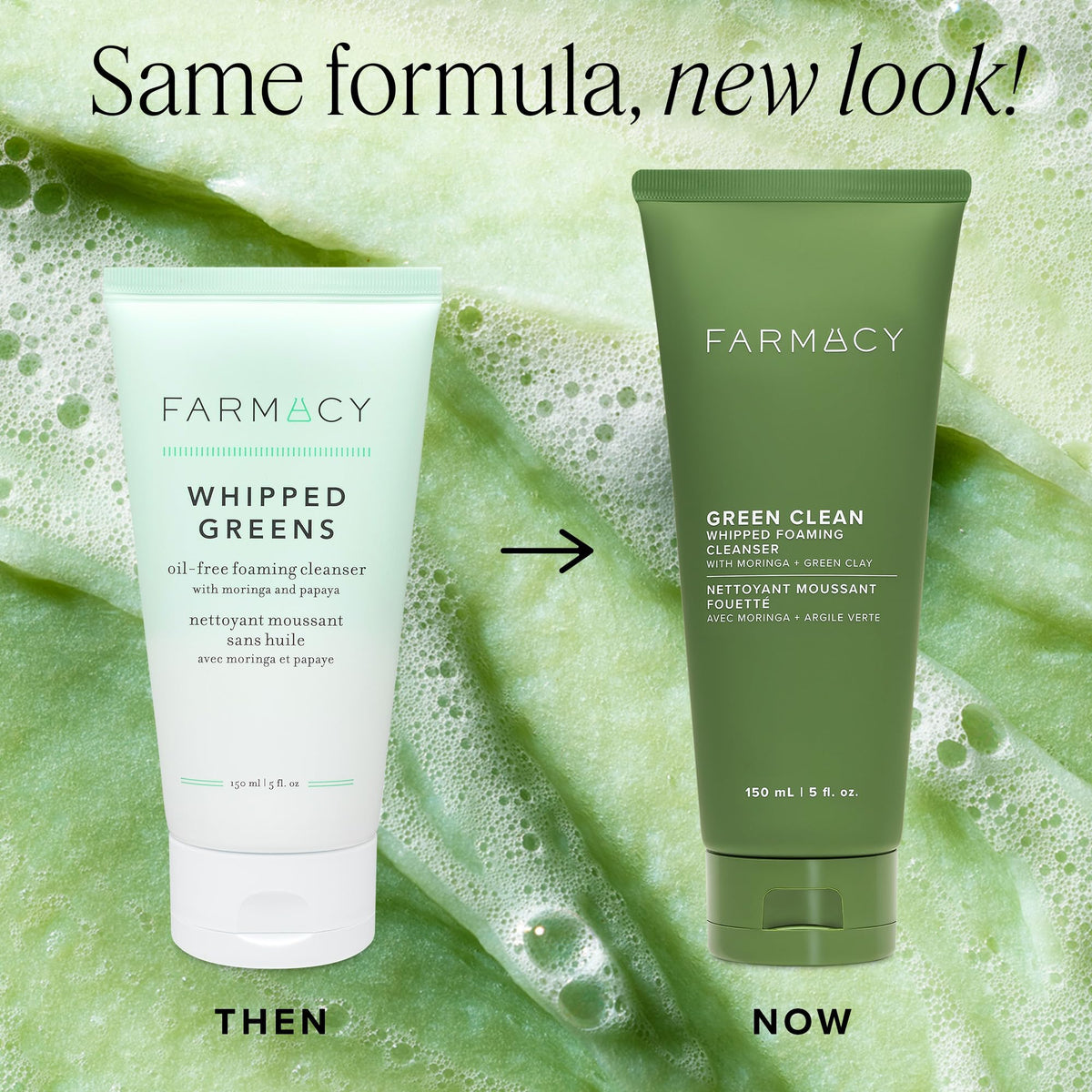Farmacy whipped foam texture dispensed on hand, shows gentle cleanse