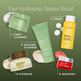 Label close-up of Farmacy packaging highlighting fragrance-free formula and usage steps