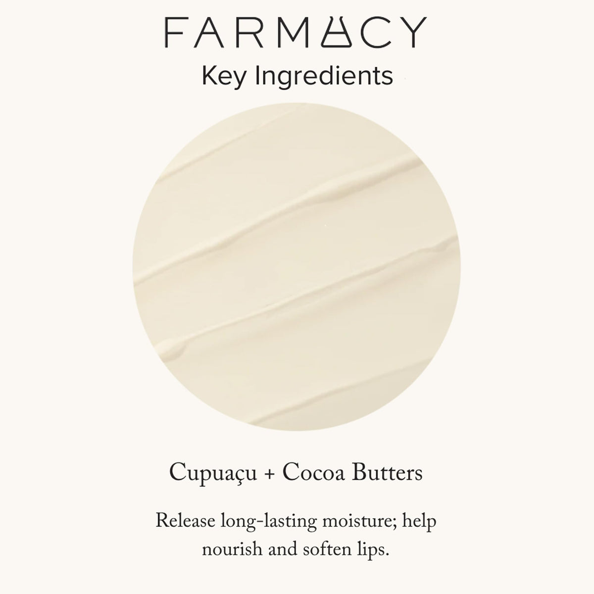 Farmacy beeswax lip balm label close-up highlighting honey, cupuaçu, cocoa butters