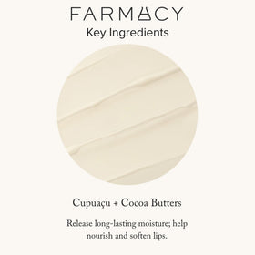 Farmacy beeswax lip balm label close-up highlighting honey, cupuaçu, cocoa butters
