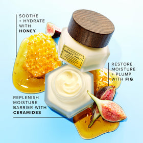 Farmacy Honey Halo with buckwheat honey drizzle highlighting moisturizing ingredients