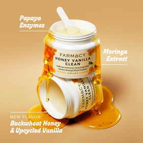 Farmacy Honey Vanilla ingredients closeup featuring honey, papaya and vanilla extracts for nourishing benefits