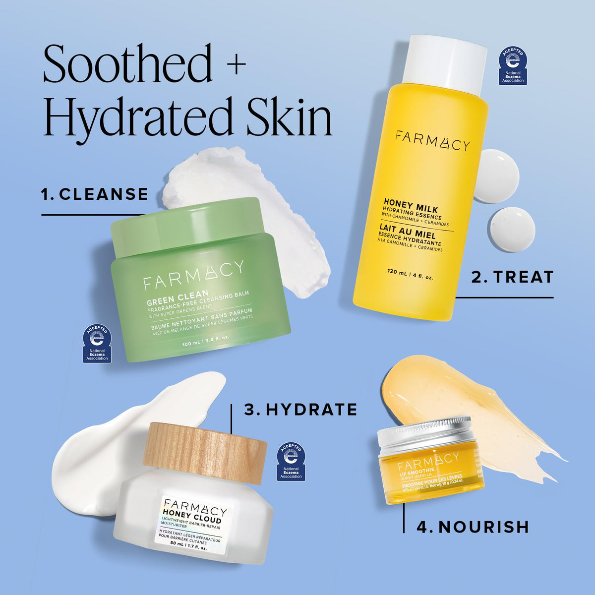 Farmacy ingredients with honey and calendula emphasizing soothing benefits