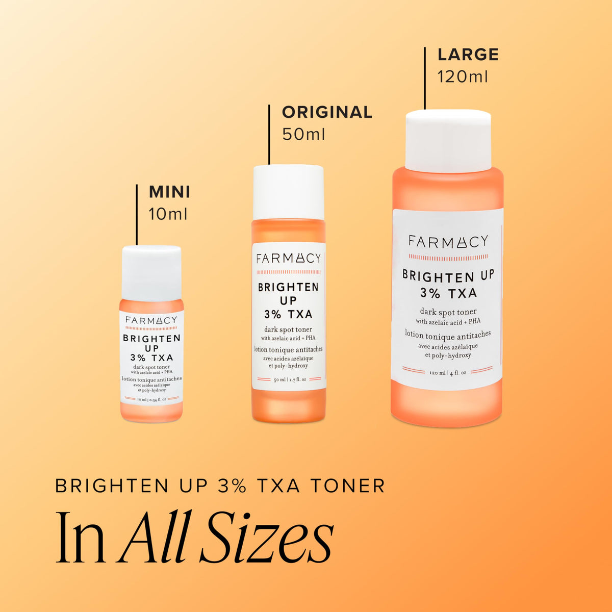 Farmacy 120ml bottle beside common item showing size and travel convenience