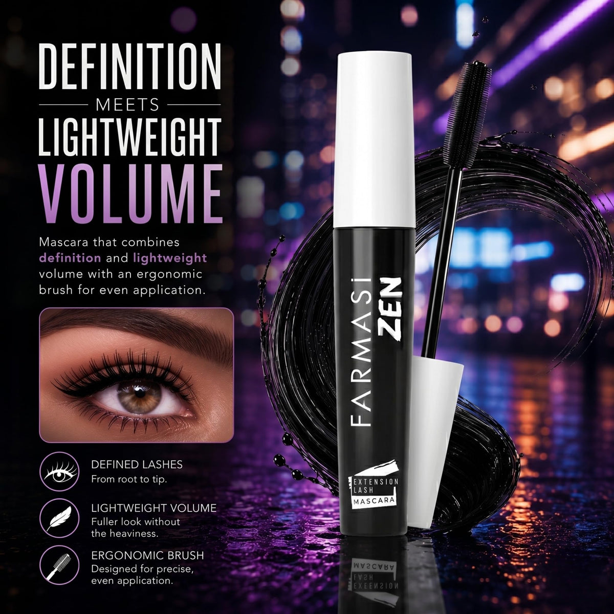 FARMASi wand applying mascara to closed eye for smooth finish