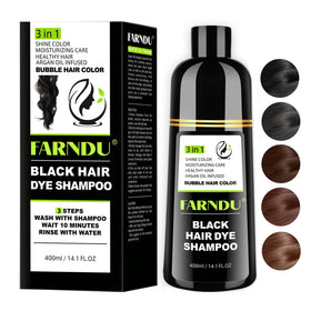 Farndu front packaging showing black shampoo bottle and benefit of gray coverage