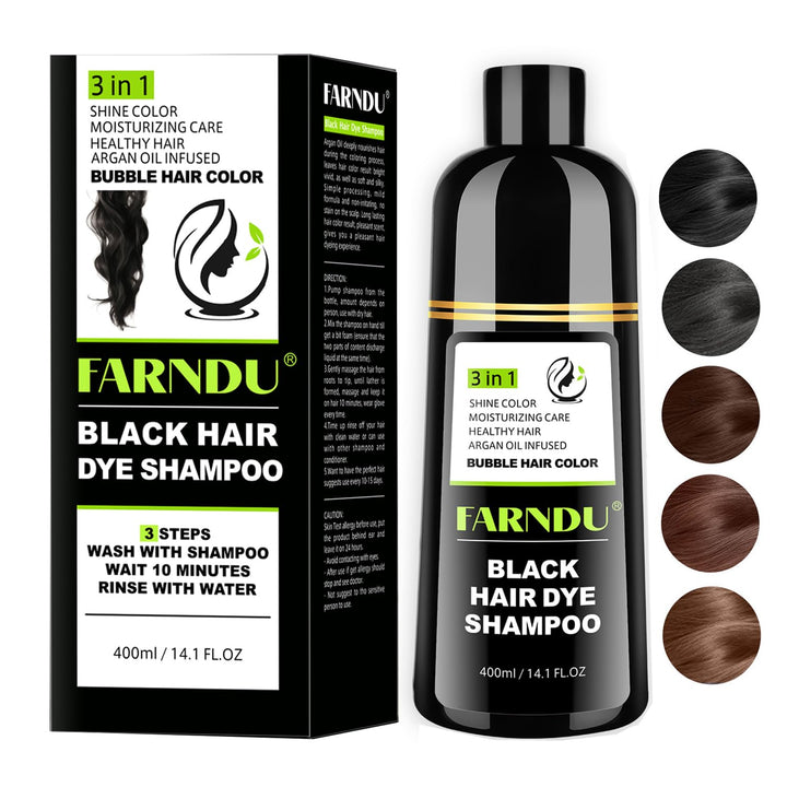 Farndu front packaging showing black shampoo bottle and benefit of gray coverage