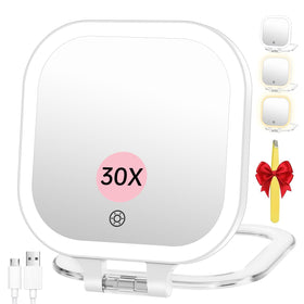FASCINATE front view of white 7-inch mirror showing bright LEDs and clear reflection benefit portability
