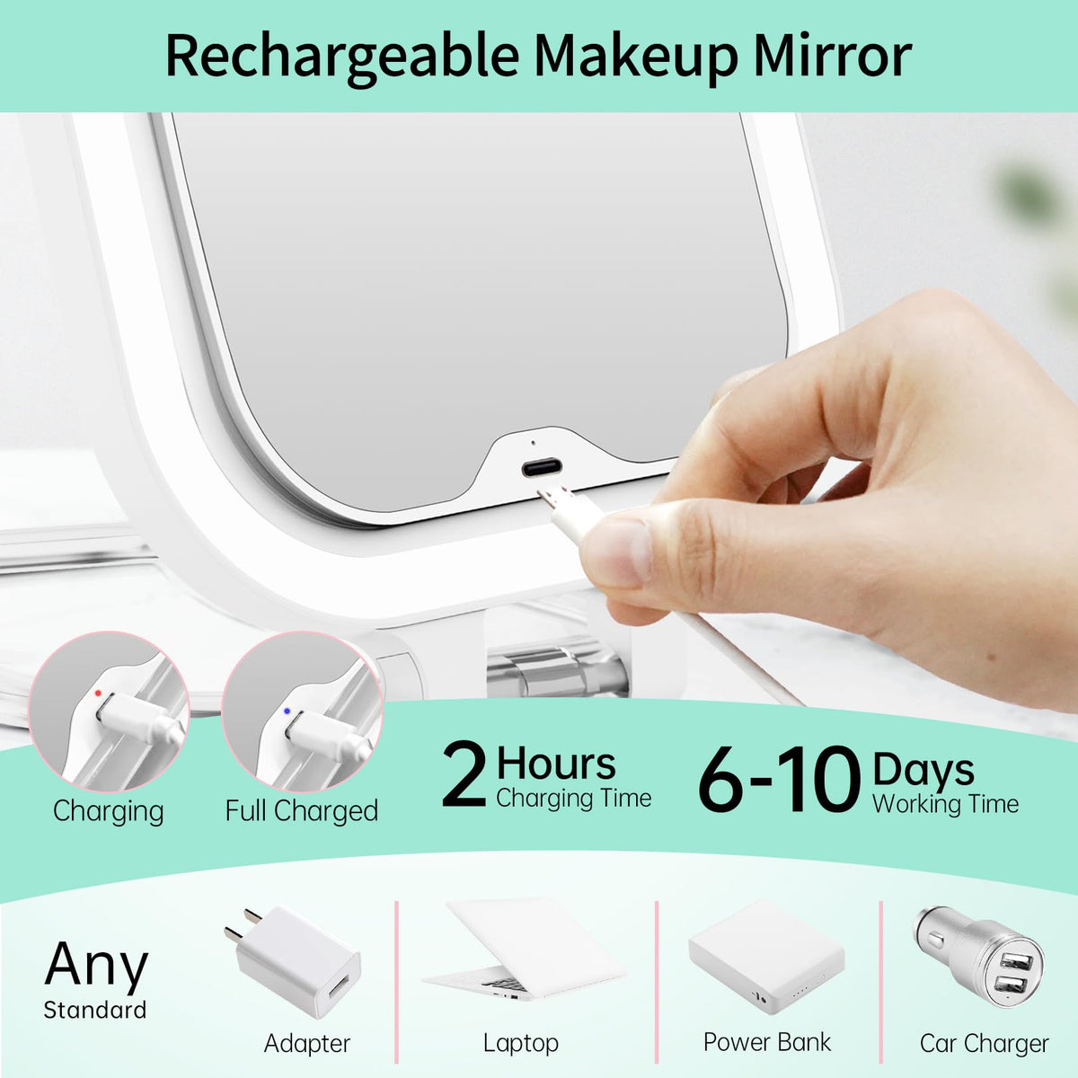 FASCINATE packaged mirror with Type-C cable included for easy recharging on the go