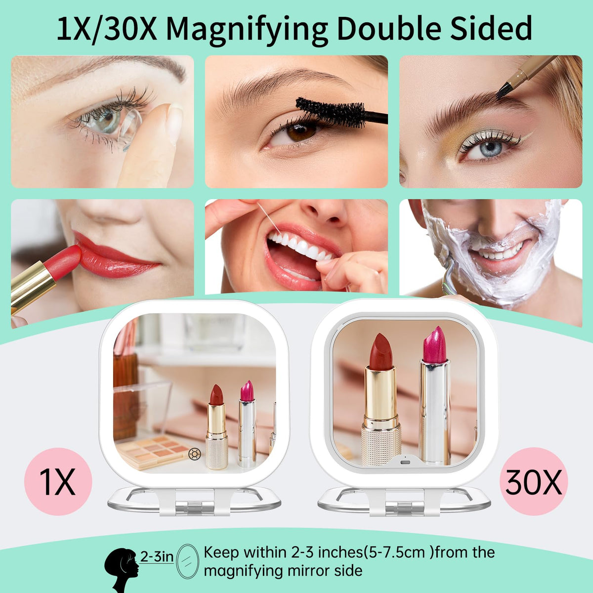 FASCINATE mirror on rotating stand angled for tabletop use offering stable hands-free application