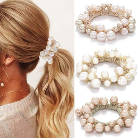 Fashey front view of three pearl scrunchies showing colors and packaging, elegant accessory