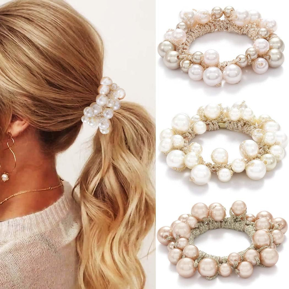 Fashey front view of three pearl scrunchies showing colors and packaging, elegant accessory
