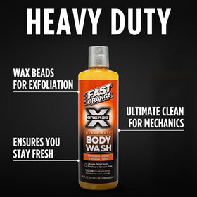 Fast Orange in shower being used by mechanic, demonstrates grease removal and freshness