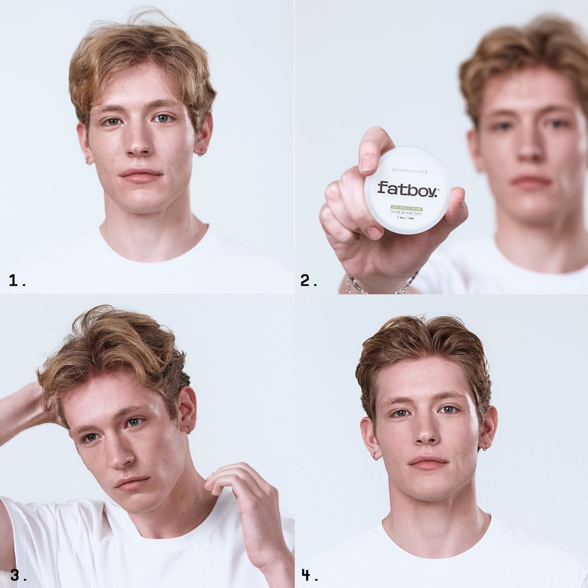 Fatboy applying pomade to damp hair demonstrating how it creates beachy waves
