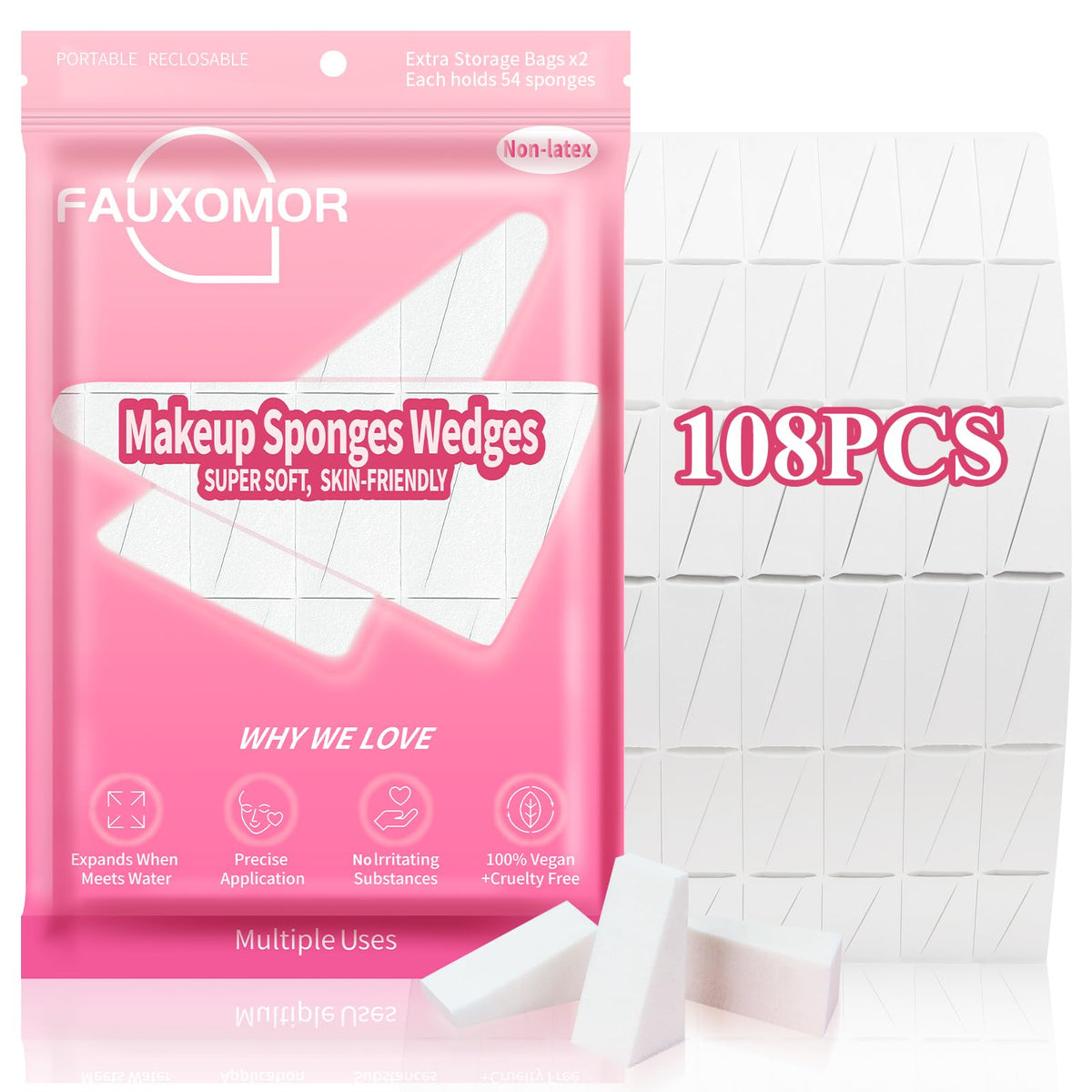 Fauxomor front packaging showing 108 triangle sponges and branding for organized storage