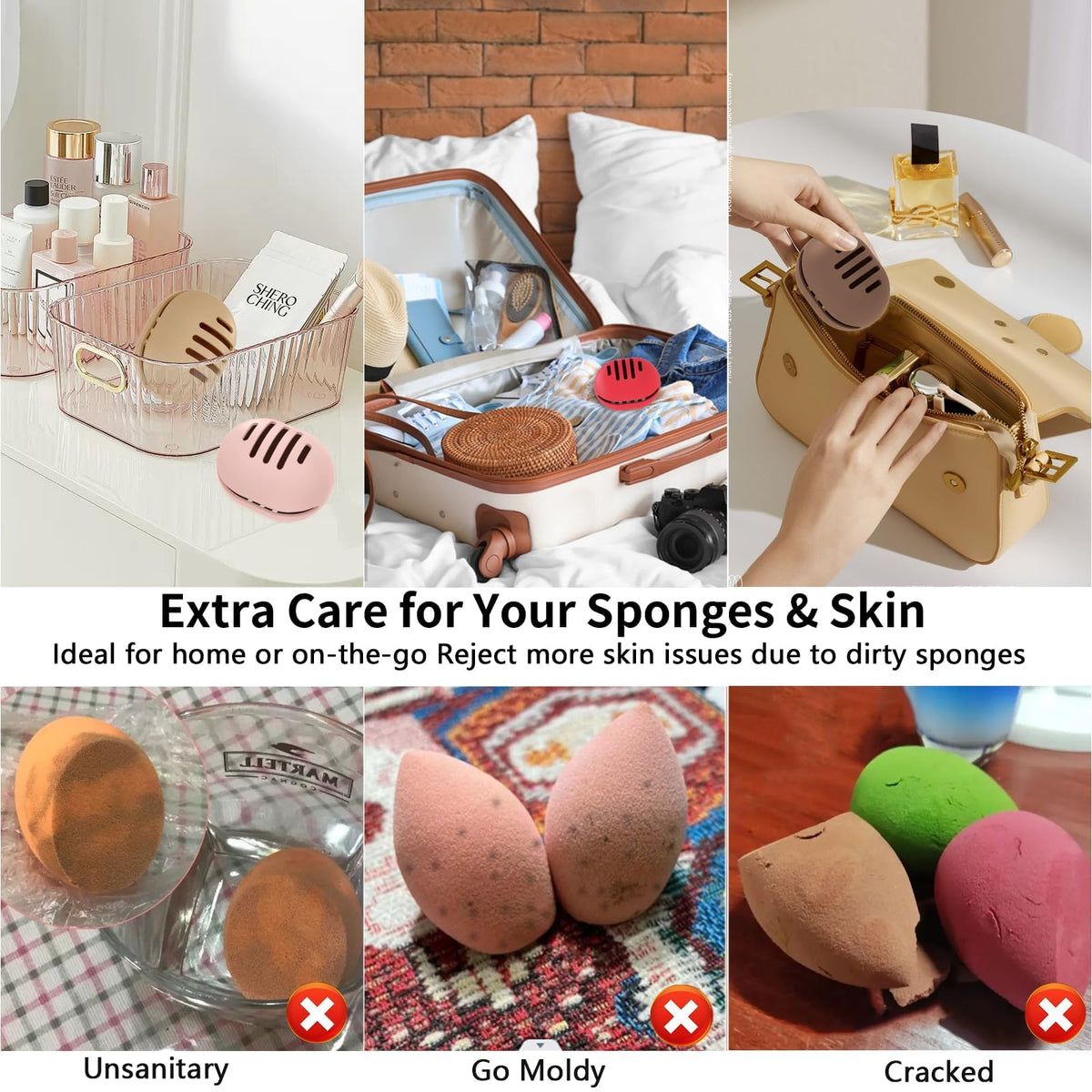 Fauxomor in-use compact storage with sponge inserted for hygienic protection