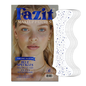 Fazit blue speckles pack front view showing six glitter freckle patches and branding benefit: festival-ready