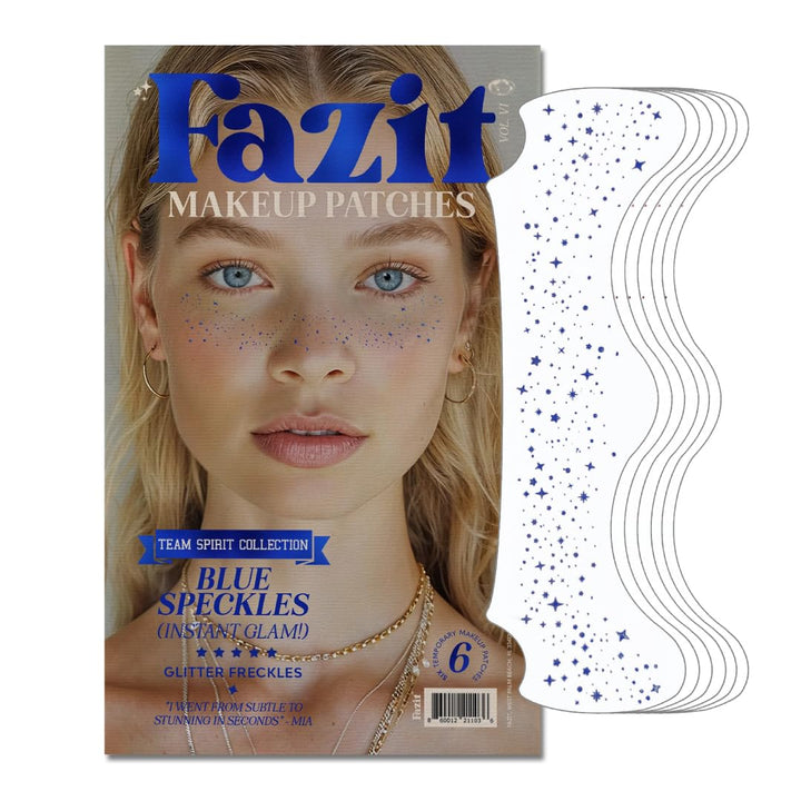 Fazit blue speckles pack front view showing six glitter freckle patches and branding benefit: festival-ready