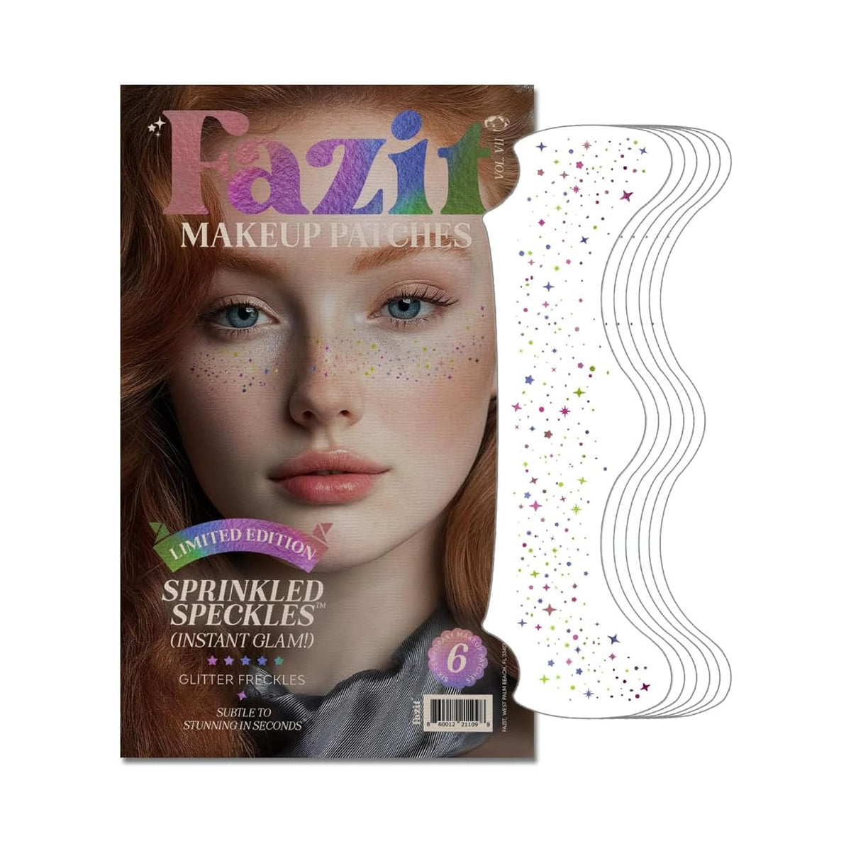 Fazit front packaging showing six glitter freckle patches, instant glam