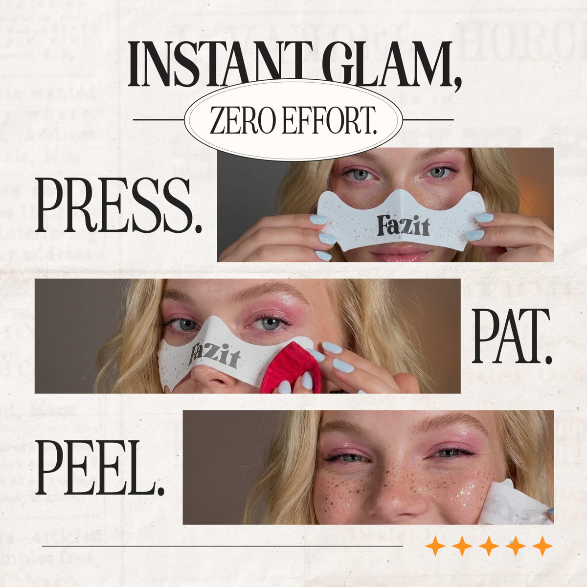 Fazit peeled patch left glitter freckles on face, natural luminous finish visible
