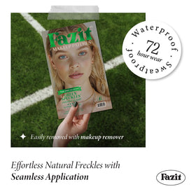 Fazit model wearing green freckles on nose and cheeks for festival look