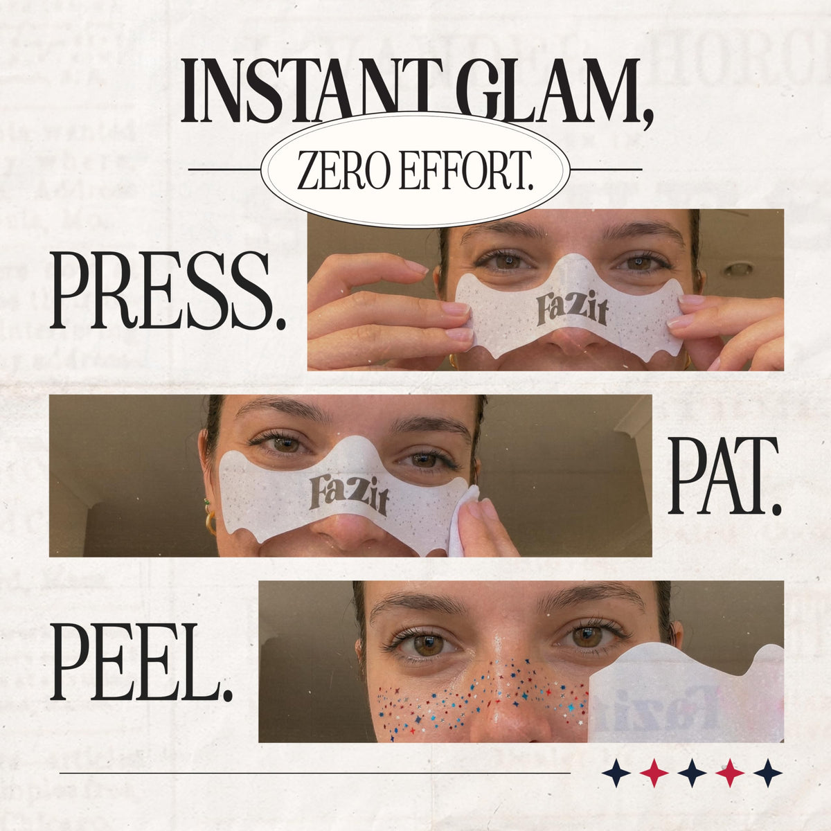 Fazit on-face game day look showing secure sparkle and comfortable wear