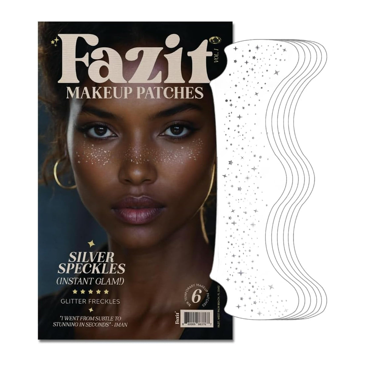 Fazit front packaging showing six glitter freckle patches and product name benefit