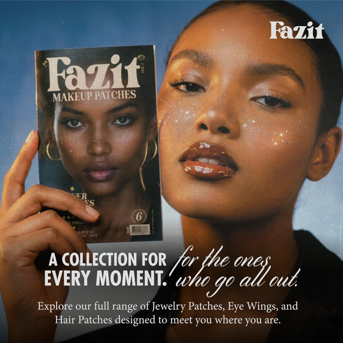 Fazit lifestyle party scene with forehead and cheeks sparkling confidently