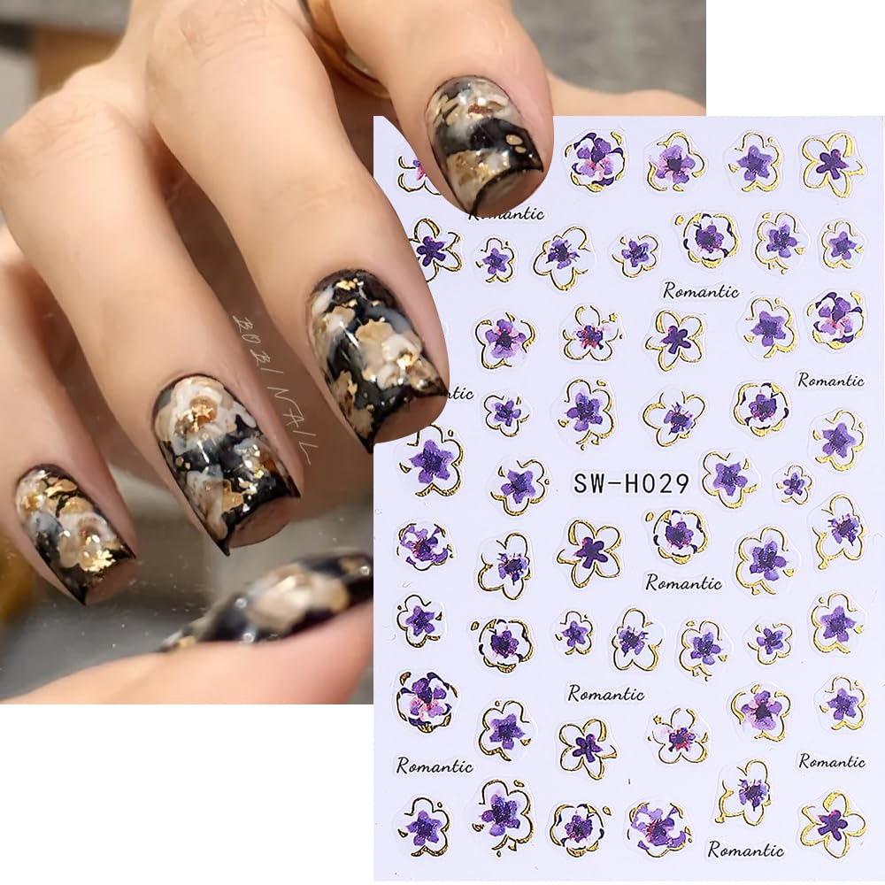 FBABFBUO floral decals applied on natural nails for polished look