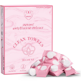 Fcaeon front packaging showing 100-count pink compressed towel tablets, convenient travel supply