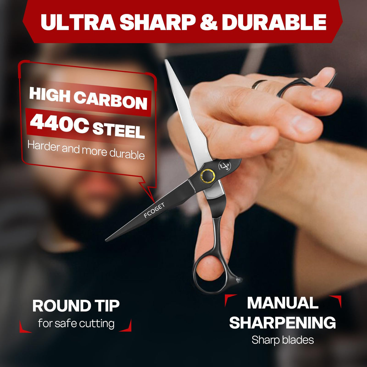 Fcoget blade closeup of Japanese 440C steel edge, sharpness and durability benefit