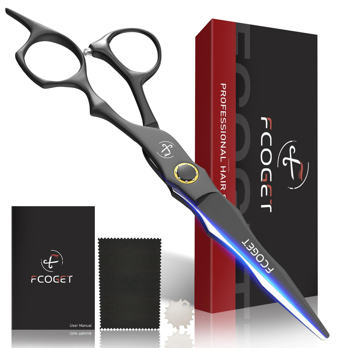Fcoget front packaging showing velvet-lined box and scissors, professional presentation benefit